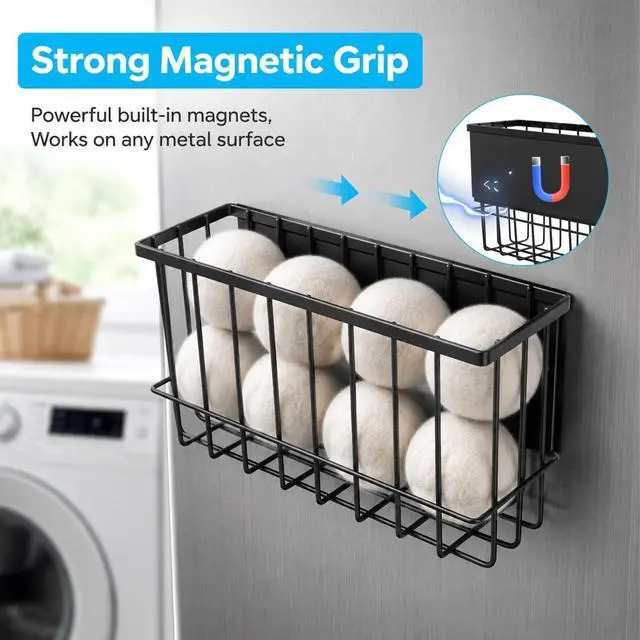 Alt view image 5 of 7 - Magnetic Basket Organizer for Fridge and Locker, Carbon Steel Storage Bin, 10.24 x 3.15 x 6.1 in, for Dryer Balls, Wrap, Spices and Small Items (Black)
