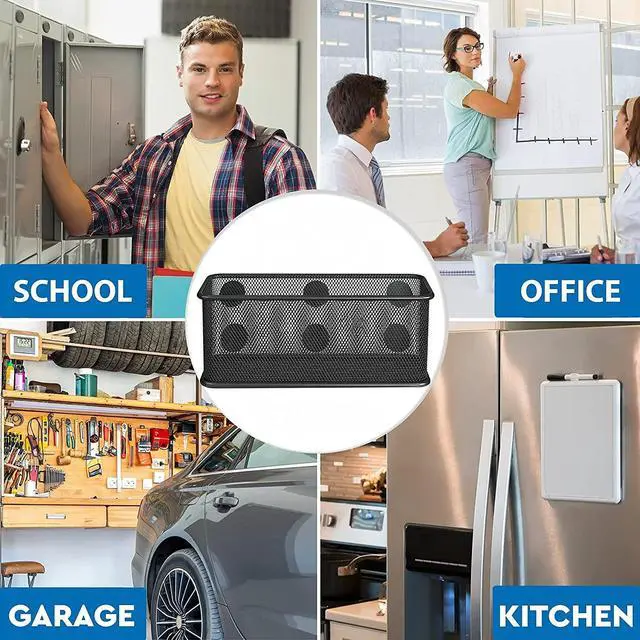 Alt view image 6 of 7 - Mesh Magnetic Storage Baskets - Set of 1 (Black) with Anti-Slip Feature and Strong Magnets - Magnetic Locker Organizer and Pencil Holder for Whiteboard and Refrigerator (Black-1 pcs)