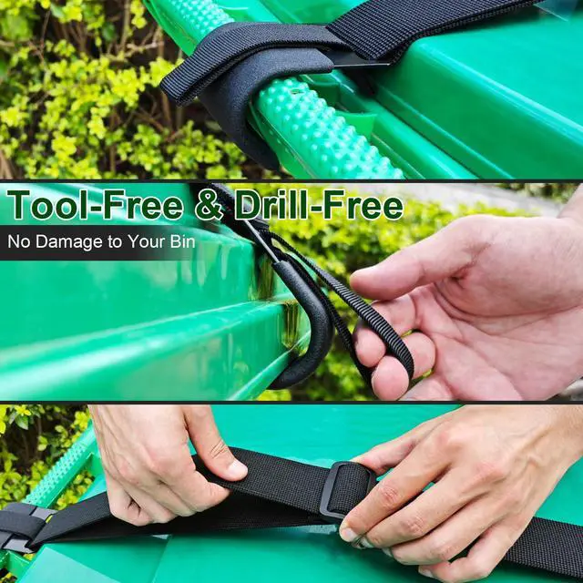 Alt view image 5 of 7 - GripHandle Metal Double-Claw Trash Can Lid Lock Strap for Animals,Bungee Cord with Hooks for Trash Bin Garbage Pail,Outdoor Outside Trash Lid Holder to Keep Raccoons Out,Fits 20-96 Gallon Cans - 1pc