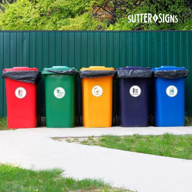 Alt view image 4 of 6 - Recycling Stickers for Trash Can, 6" Wide | 5pcs Recycle Stickers for Plastic Bins - Paper, Aluminum, Plastic, Glass, Compost