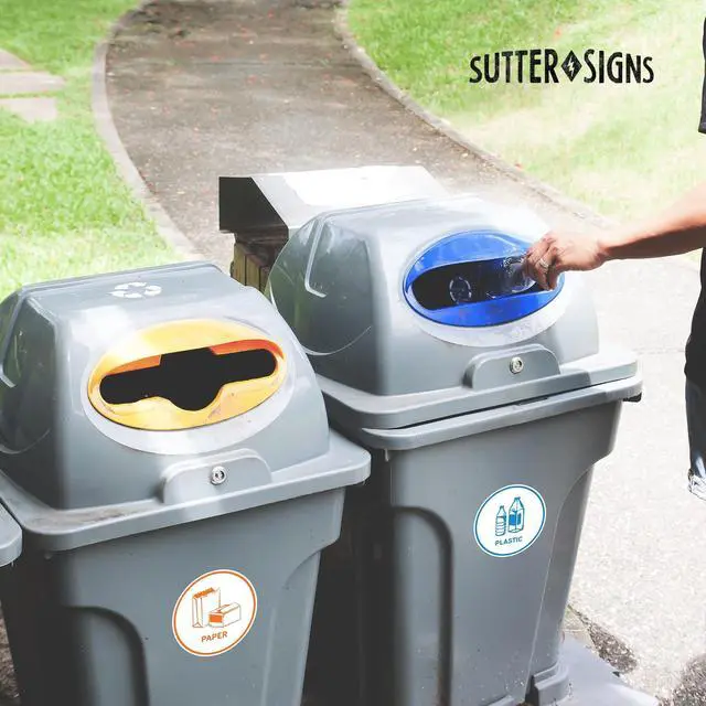Alt view image 5 of 6 - Recycling Stickers for Trash Can, 6" Wide | 5pcs Recycle Stickers for Plastic Bins - Paper, Aluminum, Plastic, Glass, Compost