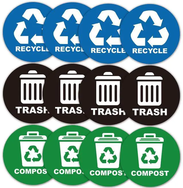 Main image of 12 Pack Trash Compost Recycle Stickers for Trash Can, Trash Recycle Compost Stickers for Garbage Cans, Yard Waste, and Recycling Bins,Self-Adhesive Vinyl Decals Weatherproof Indoor Outdoor,