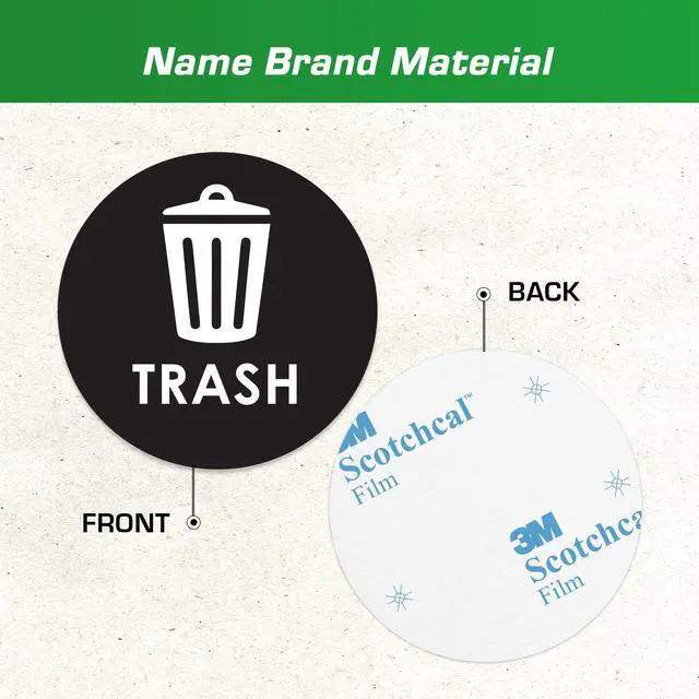 Alt view image 3 of 7 - Recycle Stickers for Trash Bins - 6"x6" Round Decals, 4 Pack Set - Recycling Sticker for Trash Can - UV-Resistant Waste Management for Indoor, Outdoor, Kitchen, Office, and Public Spaces