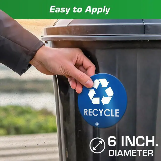 Alt view image 6 of 7 - Recycle Stickers for Trash Bins - 6"x6" Round Decals, 4 Pack Set - Recycling Sticker for Trash Can - UV-Resistant Waste Management for Indoor, Outdoor, Kitchen, Office, and Public Spaces