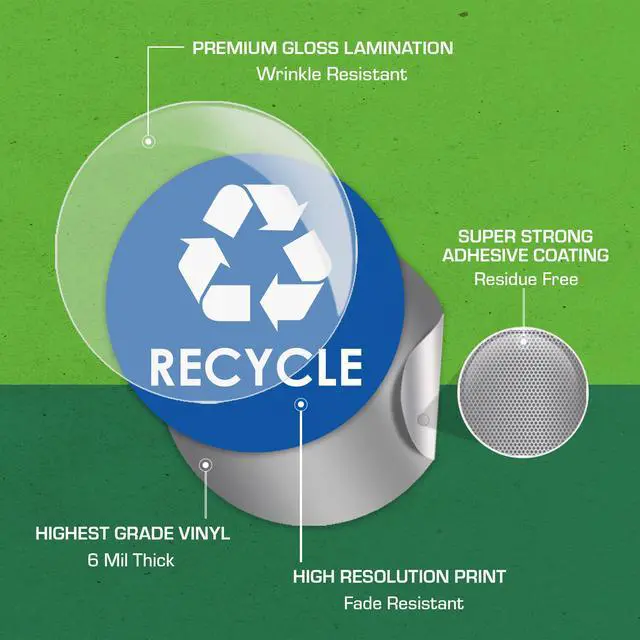 Alt view image 5 of 7 - Recycle Stickers for Trash Bins - 6"x6" Round Decals, 4 Pack Set - Recycling Sticker for Trash Can - UV-Resistant Waste Management for Indoor, Outdoor, Kitchen, Office, and Public Spaces