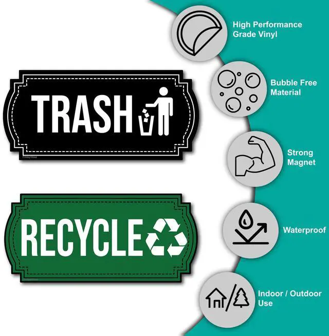 Alt view image 3 of 6 - Recycle and Trash Magnets for Kitchen Cans and Recycling Bins, Dual Trash and Recycle Magnet for Garbage Can Logo Symbol, 2 Magnetic Sticker Adhesives, 6.5x3 Inch Design Home Outdoor Waste (Green)