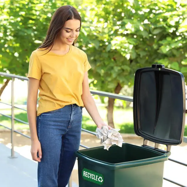 Alt view image 6 of 6 - Recycle and Trash Magnets for Kitchen Cans and Recycling Bins, Dual Trash and Recycle Magnet for Garbage Can Logo Symbol, 2 Magnetic Sticker Adhesives, 6.5x3 Inch Design Home Outdoor Waste (Green)