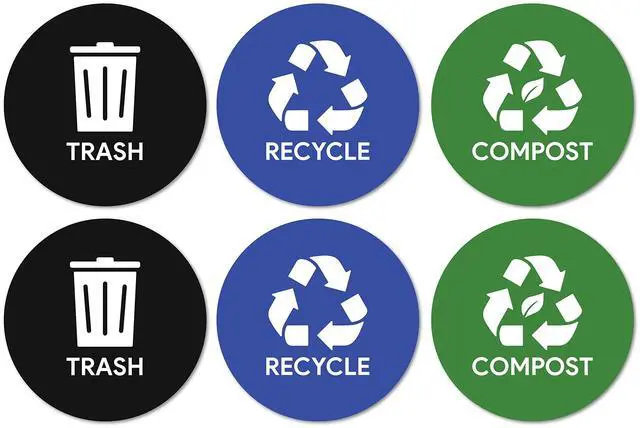 Main image of 6pk Trash Compost Recycle Stickers for Trash Bins | 4" Weatherproof Waste Management Label Sign Decals for Garbage Cans, Yard Waste, and Recycling Bins