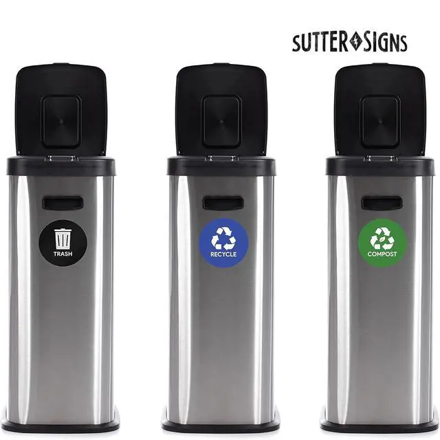 Alt view image 4 of 6 - 6pk Trash Compost Recycle Stickers for Trash Bins | 4" Weatherproof Waste Management Label Sign Decals for Garbage Cans, Yard Waste, and Recycling Bins
