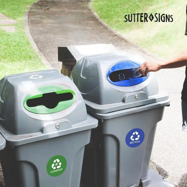 Alt view image 6 of 6 - 6pk Trash Compost Recycle Stickers for Trash Bins | 4" Weatherproof Waste Management Label Sign Decals for Garbage Cans, Yard Waste, and Recycling Bins