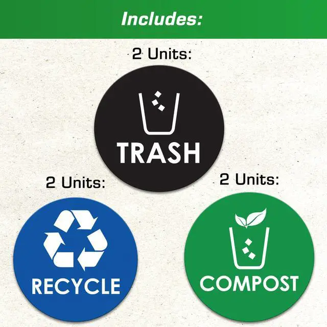Alt view image 2 of 7 - Trash Recycle Compost Stickers - 4x4 Round Decals, 6 Pack Set - Easy to Apply, UV-Resistant for Effective Indoor & Outdoor Waste Management in Kitchens, Offices, and Public Spaces