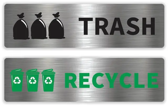 Main image of Premium Removable Trash & Recycling Stickers for Bins 2 Pack Metallic Look Printed Labels (Not Real Metal) Clear Waste Sorting Decals for Kitchen