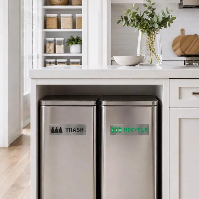 Alt view image 2 of 7 - Premium Removable Trash & Recycling Stickers for Bins 2 Pack Metallic Look Printed Labels (Not Real Metal) Clear Waste Sorting Decals for Kitchen