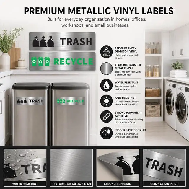 Alt view image 3 of 7 - Premium Removable Trash & Recycling Stickers for Bins 2 Pack Metallic Look Printed Labels (Not Real Metal) Clear Waste Sorting Decals for Kitchen