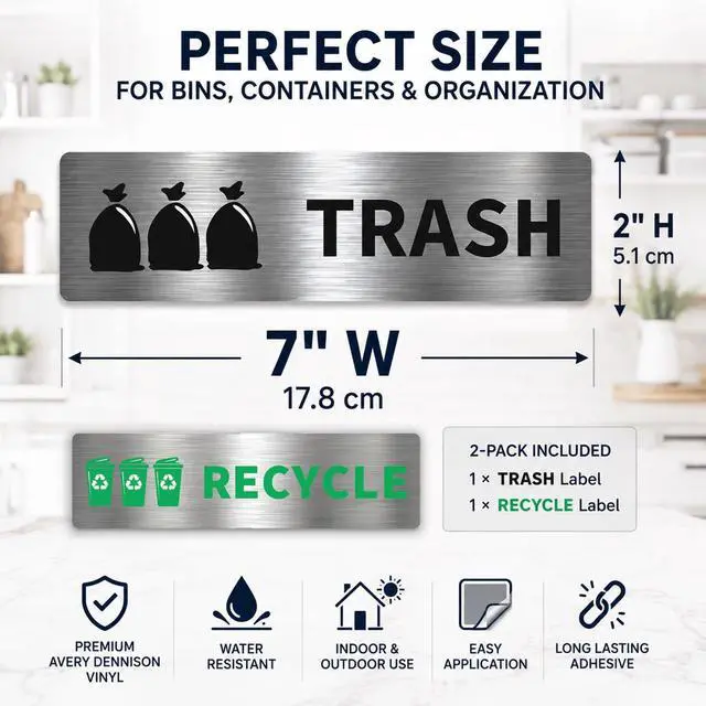 Alt view image 4 of 7 - Premium Removable Trash & Recycling Stickers for Bins 2 Pack Metallic Look Printed Labels (Not Real Metal) Clear Waste Sorting Decals for Kitchen