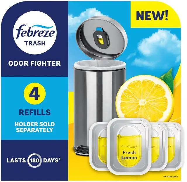 Main image of Trash Odor Fighter, Trash Can Air Freshener, Stick-On Deodorizer for Garbage Cans, Diaper Pails, Works with Scented Trash Bags, Fresh Lemon Scent, 4 Refills (Holder Sold Separately)