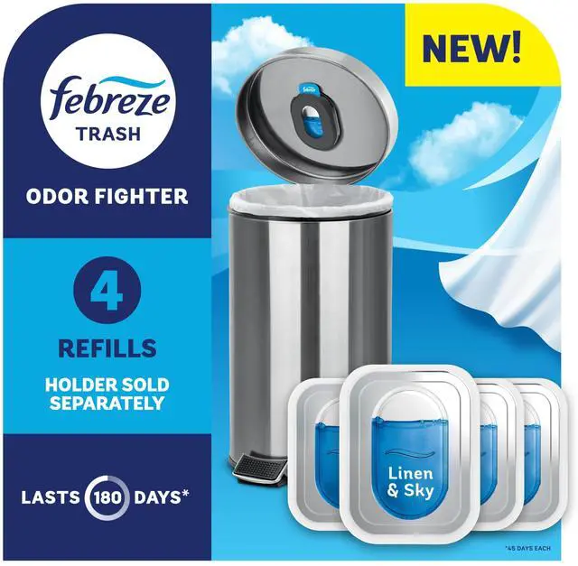 Main image of Trash Odor Fighter, Trash Can Air Freshener, Stick-On Deodorizer for Garbage Cans, Diaper Pails, Works with Scented Trash Bags, Linen & Sky Scent, 4 Refills (Holder Sold Separately)