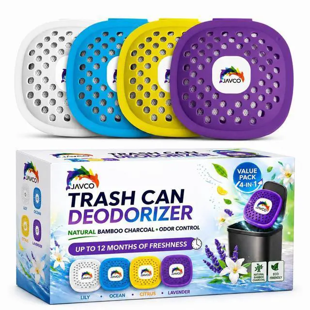 Main image of Trash Can Deodorizer & Odor Eliminator 4 in 1 Garbage Can Deodorizer, Activated Charcoal Stick-On Odor Absorber for Garbage Cans = Up to 12 Months Freshness