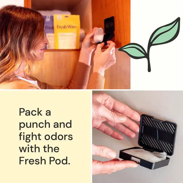 Alt view image 2 of 7 - Odor Removing Fresh Pod | 2 Refillable Fresh Pods & 2 Fresh Wave Packs | Safer Odor Relief | Natural Plant-Based Odor Eliminator for Small Spaces | Garbage Cans, Closets & Lockers