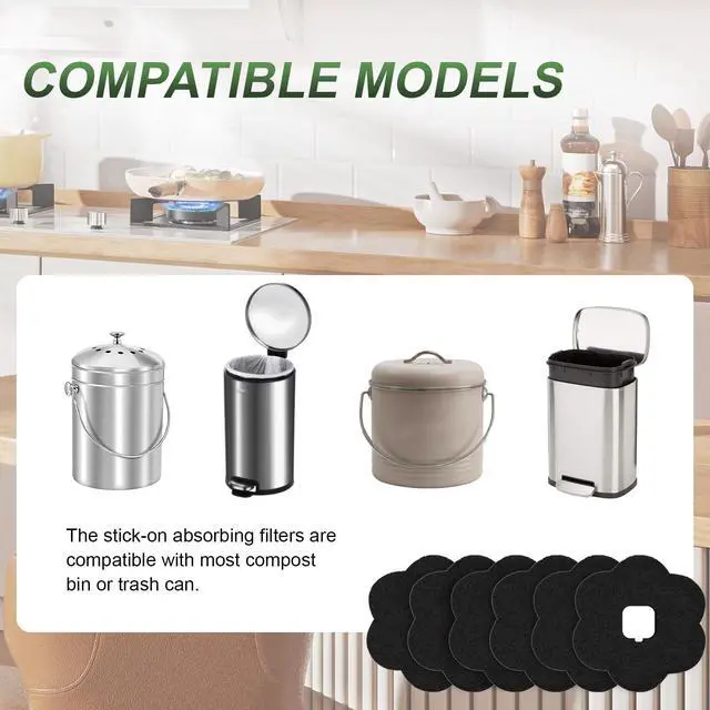 Alt view image 6 of 7 - 7.2 Inch Universal Trash Can Charcoal Filters Replacements, 12-Pack Flower Shape Stick-on Activated Charcoal, Absorbing Filters Purifying Deodorizer for Compost Bin Pail, Trash Cans, Recycle Bin