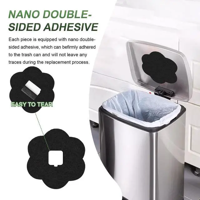 Alt view image 4 of 7 - 7.2 Inch Universal Trash Can Charcoal Filters Replacements, 12-Pack Flower Shape Stick-on Activated Charcoal, Absorbing Filters Purifying Deodorizer for Compost Bin Pail, Trash Cans, Recycle Bin