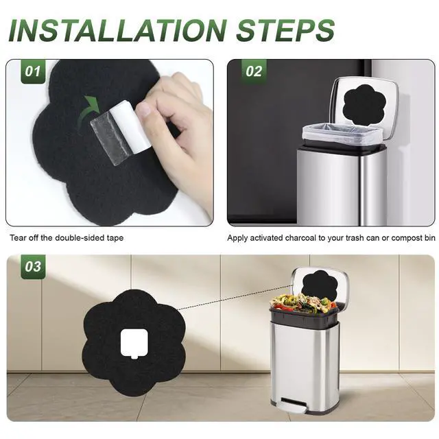 Alt view image 7 of 7 - 7.2 Inch Universal Trash Can Charcoal Filters Replacements, 12-Pack Flower Shape Stick-on Activated Charcoal, Absorbing Filters Purifying Deodorizer for Compost Bin Pail, Trash Cans, Recycle Bin