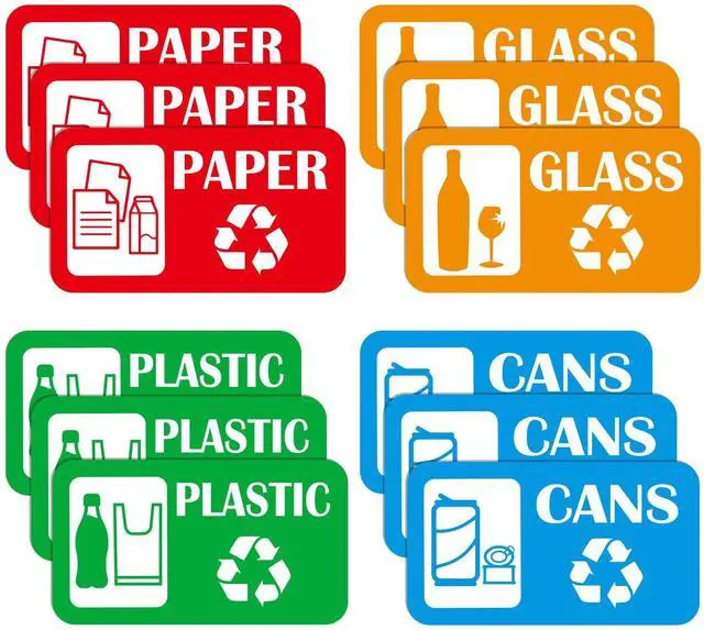 Main image of 12Pack Recycling Stickers for Trash Cans,Paper Plastic Glass Cans Trash Sorting Stickers for Recycle Bins,Eco-Friendly Trash Can Recycle Signs Indoor & Outdoor Use(3"x5.7")