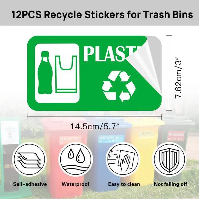 Alt view image 2 of 7 - 12Pack Recycling Stickers for Trash Cans,Paper Plastic Glass Cans Trash Sorting Stickers for Recycle Bins,Eco-Friendly Trash Can Recycle Signs Indoor & Outdoor Use(3"x5.7")