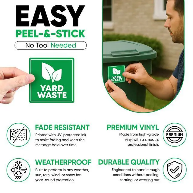 Alt view image 5 of 7 - 4 Pcs Yard Waste Only Sticker 3.5" by 3.5" Strong Adhesive, Durable, Weatherproof Yard Waste Sticker. Perfect Sticker for Yard Waste Can