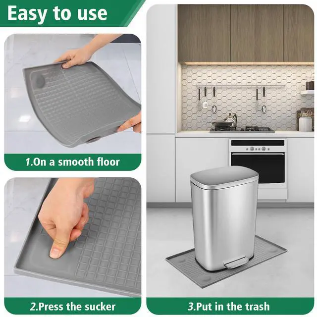 Alt view image 3 of 7 - Trash Can Mat, Silicone with Dual Non-Slip Texture, Bottom Suction Cups for Secure Placement on Smooth Surfaces, Raised Edges to prevent Spills,Suitable for Kitchen, Living Room, Bedroom