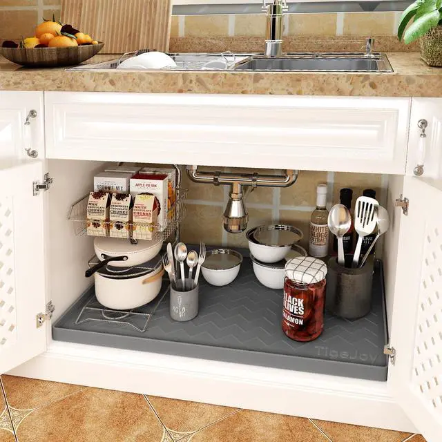 Alt view image 2 of 7 - 34" x 22" Under Sink Mats for Kitchen Waterproof, Leak-Proof Silicone Mat Sink Protector and Cabinet Liner, Kitchen Essentials Organizer and Storage, Boot or Shoe Tray, Pet Feeding Mat