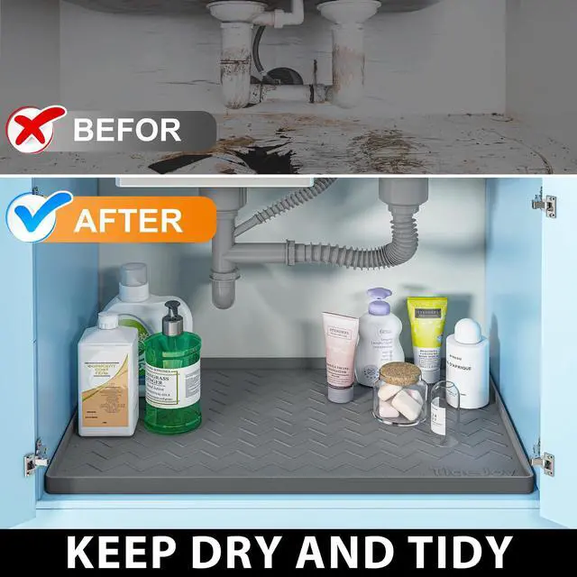 Alt view image 5 of 7 - 34" x 22" Under Sink Mats for Kitchen Waterproof, Leak-Proof Silicone Mat Sink Protector and Cabinet Liner, Kitchen Essentials Organizer and Storage, Boot or Shoe Tray, Pet Feeding Mat