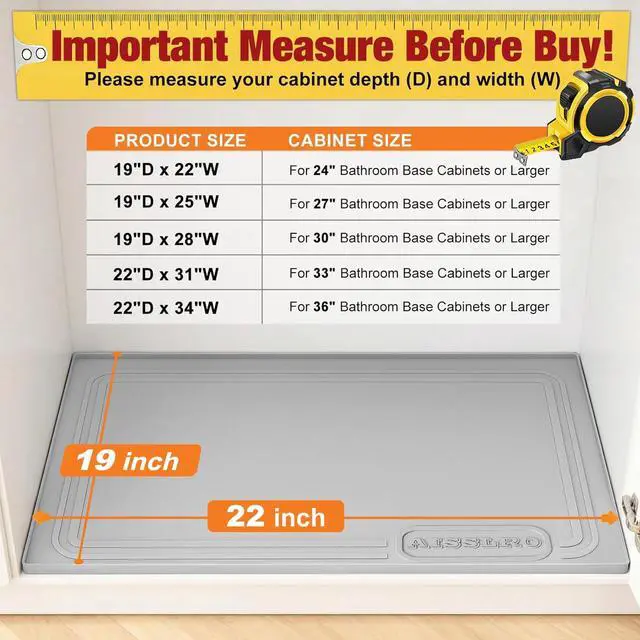 Alt view image 2 of 7 - Under Sink Mat 22" X 19", Waterproof Silicone Cabinet Organizer Protector with Raised Edge, Kitchen & Bathroom Leak Tray, Shelf Liner & Pet Feeding Mat for Dog Cat Food Mats, Gray