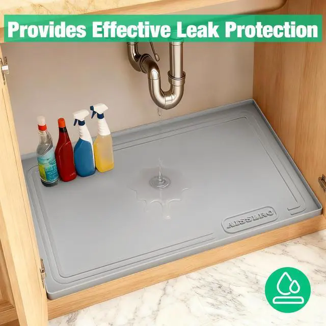 Alt view image 4 of 7 - Under Sink Mat 22" X 19", Waterproof Silicone Cabinet Organizer Protector with Raised Edge, Kitchen & Bathroom Leak Tray, Shelf Liner & Pet Feeding Mat for Dog Cat Food Mats, Gray