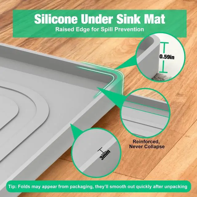 Alt view image 5 of 7 - Under Sink Mat 22" X 19", Waterproof Silicone Cabinet Organizer Protector with Raised Edge, Kitchen & Bathroom Leak Tray, Shelf Liner & Pet Feeding Mat for Dog Cat Food Mats, Gray