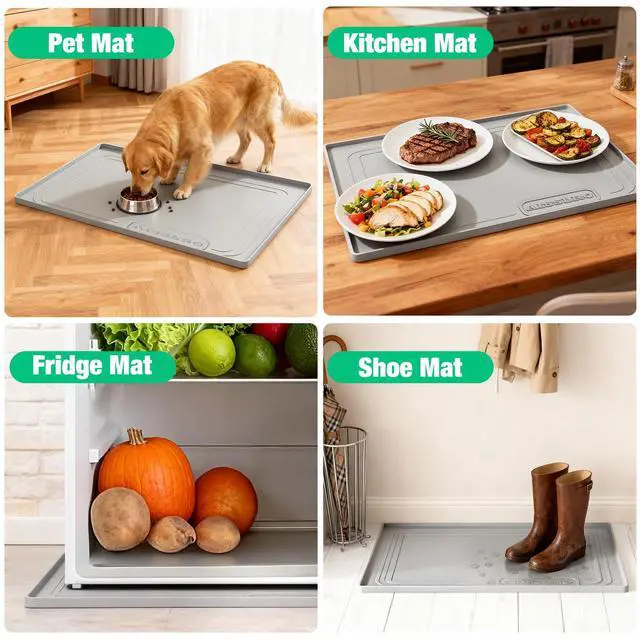 Alt view image 7 of 7 - Under Sink Mat 22" X 19", Waterproof Silicone Cabinet Organizer Protector with Raised Edge, Kitchen & Bathroom Leak Tray, Shelf Liner & Pet Feeding Mat for Dog Cat Food Mats, Gray