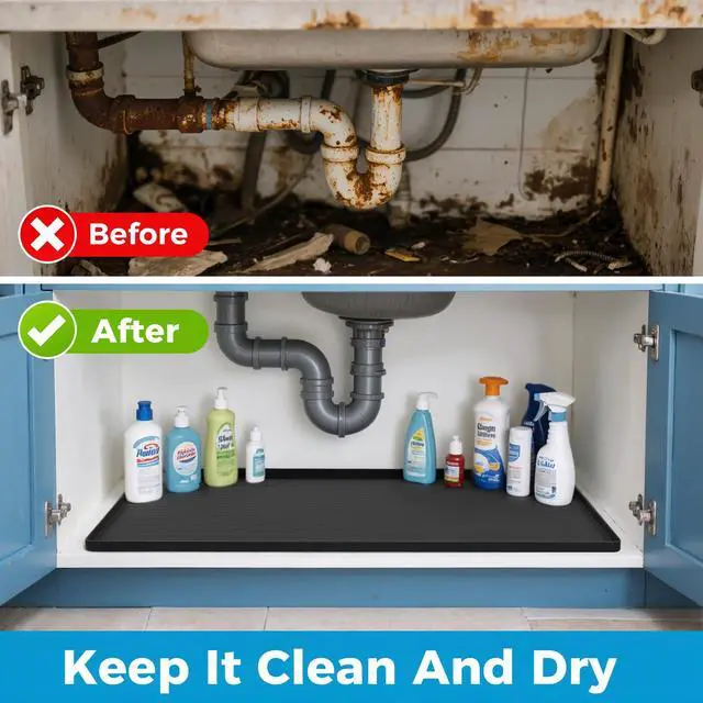 Alt view image 3 of 6 - 16'' x 10'' Waterproof Silicone Under Sink Mat Cabinet and Counter Protector, Shelf Liner for Kitchen and Bathroom, Storage and Organizers, Litter Mat, Pet Cat Puppy Essentials(Black)