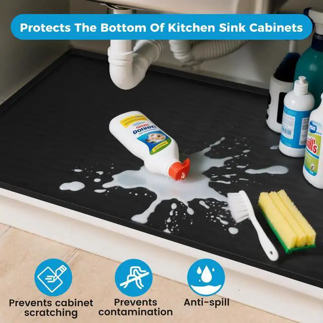Alt view image 4 of 6 - 16'' x 10'' Waterproof Silicone Under Sink Mat Cabinet and Counter Protector, Shelf Liner for Kitchen and Bathroom, Storage and Organizers, Litter Mat, Pet Cat Puppy Essentials(Black)