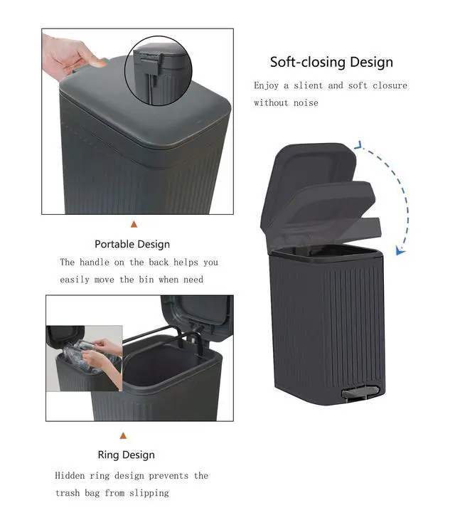 Alt view image 2 of 7 - Small Trash Can with Lid,Small Bathroom Trash Can with Foot Pedal and Press Type Lid,Slim Step-On Trash Bin Wastebasket Garbage Can for Kitchen,Bathroom Office, Bedroom (Gray, 1.8 Gallon)