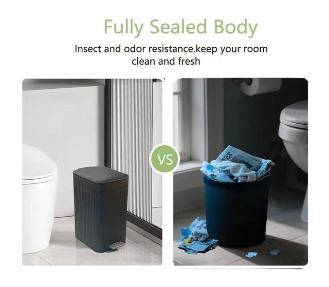 Alt view image 3 of 7 - Small Trash Can with Lid,Small Bathroom Trash Can with Foot Pedal and Press Type Lid,Slim Step-On Trash Bin Wastebasket Garbage Can for Kitchen,Bathroom Office, Bedroom (Gray, 1.8 Gallon)