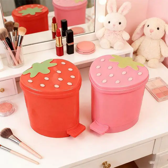 Alt view image 2 of 6 - Strawberry Trash Can, 1 Gallon Small Pink Trashcan Cutecore Room Decor Kawaii Cute Trash Can for Bedroom Desk Office with 2 Rolls Garbage Bag and 20 PCS 3D Cartoon Stickers (Pink, Small)