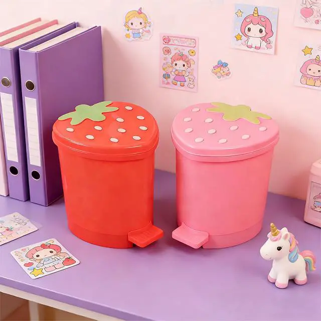 Alt view image 3 of 6 - Strawberry Trash Can, 1 Gallon Small Pink Trashcan Cutecore Room Decor Kawaii Cute Trash Can for Bedroom Desk Office with 2 Rolls Garbage Bag and 20 PCS 3D Cartoon Stickers (Pink, Small)