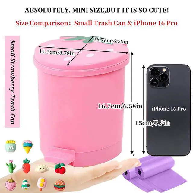 Alt view image 5 of 6 - Strawberry Trash Can, 1 Gallon Small Pink Trashcan Cutecore Room Decor Kawaii Cute Trash Can for Bedroom Desk Office with 2 Rolls Garbage Bag and 20 PCS 3D Cartoon Stickers (Pink, Small)