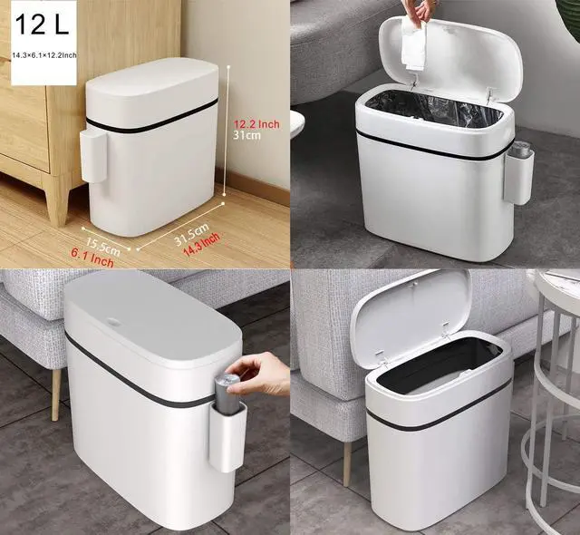 Alt view image 4 of 7 - 12 Liter Slim Plastic Trash Can with Lid,2.6 Gallon Double Barrel Waste Basket,Rectangular Press Garbage Container Bin for Bathroom,Bedroom,Kitchen and Office,White (12 Liter)