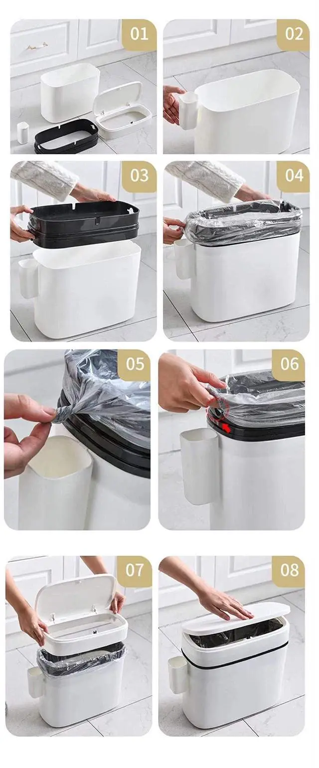 Alt view image 6 of 7 - 12 Liter Slim Plastic Trash Can with Lid,2.6 Gallon Double Barrel Waste Basket,Rectangular Press Garbage Container Bin for Bathroom,Bedroom,Kitchen and Office,White (12 Liter)