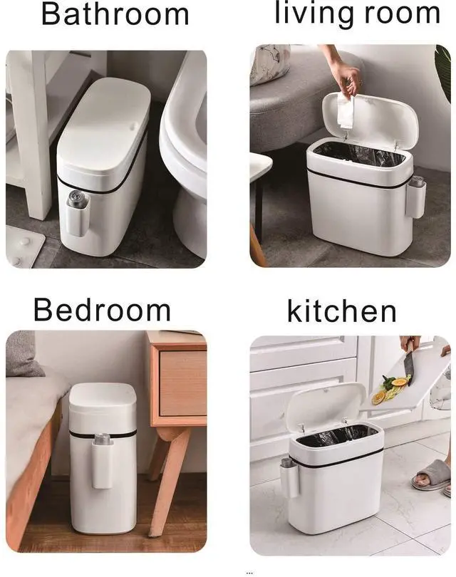 Alt view image 3 of 7 - 12 Liter Slim Plastic Trash Can with Lid,2.6 Gallon Double Barrel Waste Basket,Rectangular Press Garbage Container Bin for Bathroom,Bedroom,Kitchen and Office,White (12 Liter)