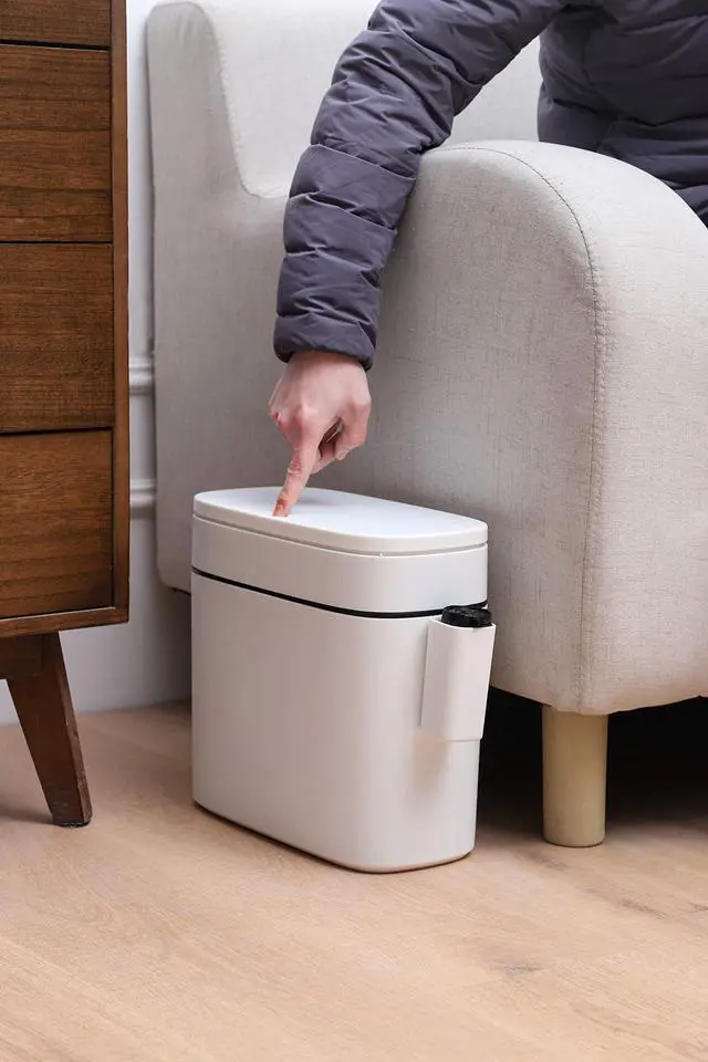 Alt view image 7 of 7 - 12 Liter Slim Plastic Trash Can with Lid,2.6 Gallon Double Barrel Waste Basket,Rectangular Press Garbage Container Bin for Bathroom,Bedroom,Kitchen and Office,White (12 Liter)