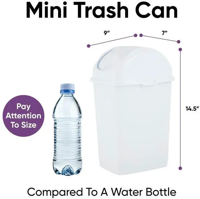 Alt view image 2 of 6 - Small 2.5 Gallon Plastic Trash Can with Swing Top Lid, Compact Slim Waste Bin for Under Desk, Office, Bedroom, Bathroom, Dorm Room, 10 Qt. Portable Garbage Can (White)