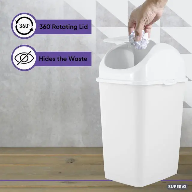 Alt view image 4 of 6 - Small 2.5 Gallon Plastic Trash Can with Swing Top Lid, Compact Slim Waste Bin for Under Desk, Office, Bedroom, Bathroom, Dorm Room, 10 Qt. Portable Garbage Can (White)