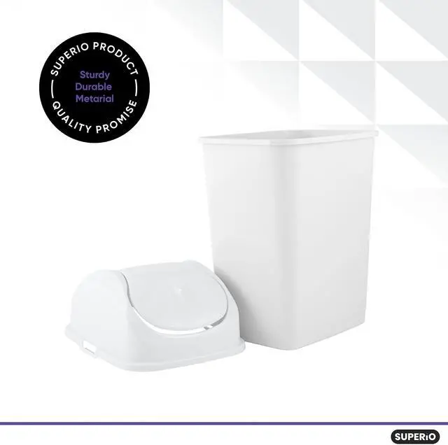 Alt view image 3 of 6 - Small 2.5 Gallon Plastic Trash Can with Swing Top Lid, Compact Slim Waste Bin for Under Desk, Office, Bedroom, Bathroom, Dorm Room, 10 Qt. Portable Garbage Can (White)
